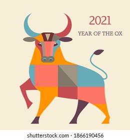 Happy Chinese New Year. bull zodiac sign symbol of 2021. Template for banner, poster, greeting card. abstract flat vector illustration with lettering