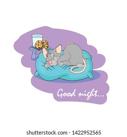 Happy Chinese new year calendar, greeting card, Cute mouse, rat in poses. Animal cartoon set. Milk and cookies, fell asleep