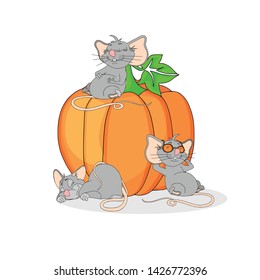 Happy Chinese new year calendar, greeting card, Cute mouse, rat in poses. Animal cartoon set. Three rats on a pumpkin