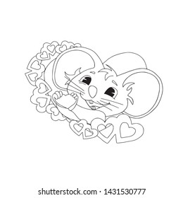 Happy Chinese new year calendar, greeting card, Cute mouse, rat in poses. Animal cartoon set, card with text. Enamored rat giving with hearts around, coloring outline