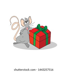 Happy Chinese new year calendar, greeting card, Cute mouse, rat in poses. Animal cartoon set, card. Rat with present box