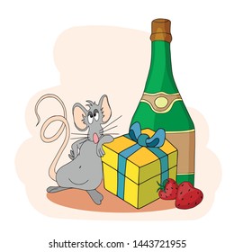 Happy Chinese new year calendar, greeting card, Cute mouse, rat in poses. Animal cartoon set, card with set of presents
