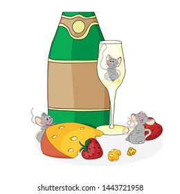 Happy Chinese new year calendar, greeting card, Cute mouse, rat in poses. Animal cartoon set, card with funny scene with two rats and snacks