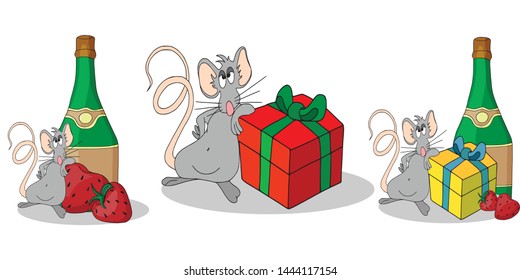 Happy Chinese new year calendar, greeting card, Cute mouse, rat in poses. Animal cartoon set, three gift sets