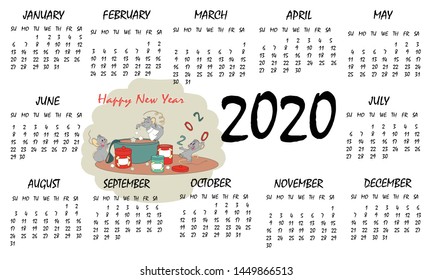 Happy Chinese new year calendar, greeting card, Cute mouse, rat in poses. Animal cartoon set. Cooking a prescription happiness