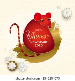 Happy Chinese New Year card 2020 of the rat. Red mouse, golden brush stroke, flowers, patterns on light background. For greetings, invitations, poster, banner. Paper art style. Vector illustration.