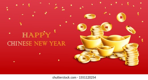 Happy Chinese New Year card with golden ingots and gold coins falling from above - red poster banner with yellow confetti for prosperity and wealth - vector illustration.