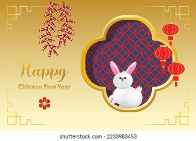 Happy Chinese New Year card, Year of Rabbit traditional design.  White rabbit on Chinese lattice window frame with hanging lantern and firecrackers, gold background. Vector Illustration.