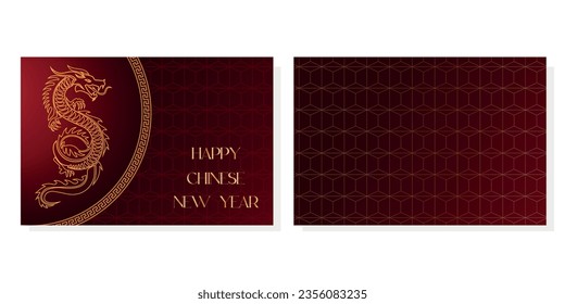 Happy chinese new year card with dragon, golden asian elements on red gradient background. Year of the dragon vector illustration