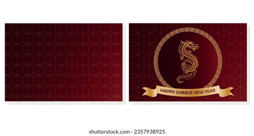 Happy chinese new year card with dragon, golden asian elements on red gradient background. Year of the dragon vector illustration