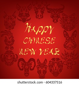 Happy Chinese New year card with animal heads stylized Maori face tattoo. Vector.