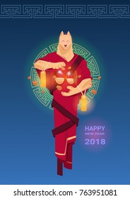 Happy Chinese New New Year Card With Man Wearing Dog Mask In Traditional China Clothes Hold Sand Watch Flat Vector Illustration