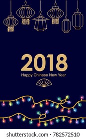 Happy Chinese New Year card. Abstract geometric ornaments, lighting garland and oriental lanterns and fan on black background. Template for banners, posters, party invitations, calendars.