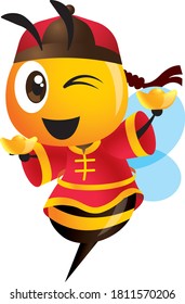 Happy Chinese New Year. Cartoon cute bee with traditional chinese costume holding gold ingots . The year of chinese zodiacs - Vector bee character
