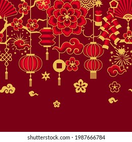 Happy Chinese New Year ceamless pattern. Background with oriental symbols.