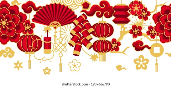 Happy Chinese New Year ceamless pattern. Background with oriental symbols.
