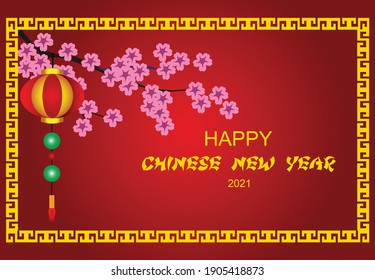Happy Chinese New Year, cherry blossoms and red lanterns