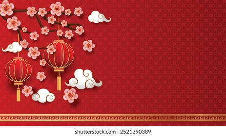 Happy Chinese New Year with Cherry blossom, clouds and lanterns on red