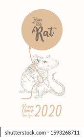 Happy Chinese New Year clip art, Vector illustration of Rat with fancy details on its tail and hair. Symbol of New Year 2020, year of the rat. Chinese zodiac sign in ink drawing art 