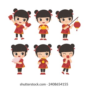 Happy Chinese New Year collection. Cute Chinese girl pose with icons elements.