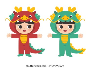 Happy Chinese New Year collection. Chinese boy and girl in dragon costume standing pose. 