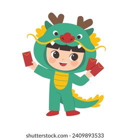 Happy Chinese New Year collection. Chinese boy in dragon costume standing pose with red envelope.