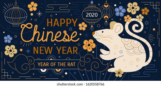 Happy chinese new year colored vector banner. Oriental zodiac symbol of 2020 rat flat illustration greeting card design. Concept for holiday template, decor elements..