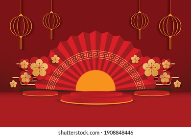 happy chinese new year concept. minimal scene with geometric forms. cylinder podium display or showcase mockup for product in red background.space for text. vector illustration