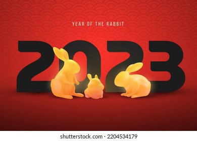 Happy chinese new year concept design. 3d cartoon golden rabbit with number 2023. Modern creative festive composition. Miminalistic vector illustration. Background template for card, cover, poster.