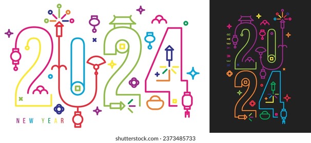 Happy chinese new year concept design. 2024 number in geometric line style. Holiday flat composition. Celebration abstract background for banner, cover, card. Vector illustration.