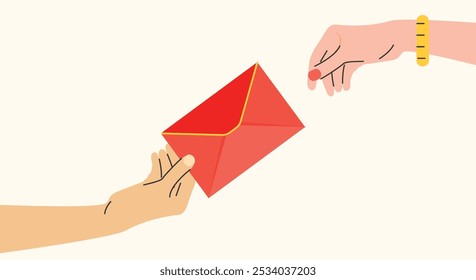 Happy Chinese New Year concept, human hand holding red envelope and giving it to another person vector illustration. 