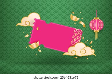 Happy chinese new year coupon gift voucher with Gold, Lanterns, clouds and traditional Chinese ornament.