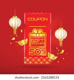 Happy chinese new year coupon gift voucher with lantern,asian elements gold ingot traditional Chinese ornament.