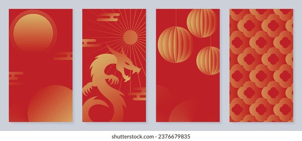 Feliz Año Nuevo Chino portador de fondo. Año del diseño del dragón con dragón dorado, linterna china, moneda, nube, sol. Elegante ilustración oriental para portada, banner, sitio web, calendario.