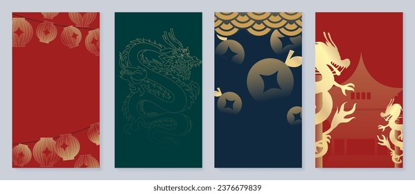 Feliz Año Nuevo Chino portador de fondo. Año del diseño del dragón con dragón dorado, linterna china, ciudad antigua, naranja. Elegante ilustración oriental para portada, banner, sitio web, calendario.