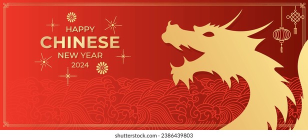 Happy Chinese New Year cover background vector. Year of the dragon design with golden dragon, Chinese lantern, coin, pattern. Elegant oriental illustration for cover, banner, website, calendar.