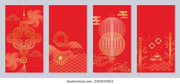 Happy Chinese New Year cover background vector. Year of the dragon design with chinese lantern, sea wave, flower, bamboo, pattern. Elegant oriental illustration for cover, banner, website, calendar.