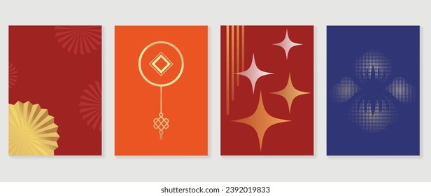 Happy Chinese New Year cover background vector. Year of the dragon design with chinese coin, flower, sparkle, halftone. Elegant oriental illustration for cover, banner, website, calendar.