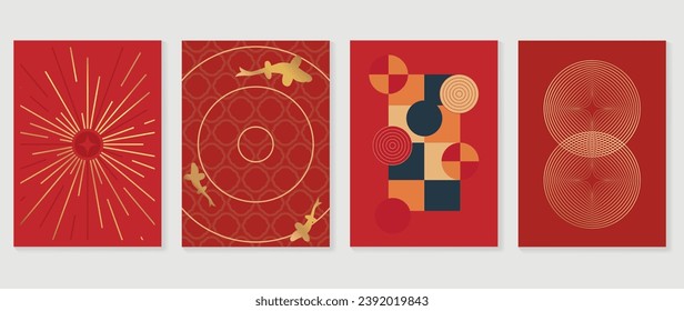 Happy Chinese New Year cover background vector. Year of the dragon design with fish, firework, chinese pattern, geometric shape. Elegant oriental illustration for cover, banner, website, calendar.