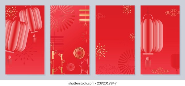 Feliz Año Nuevo Chino portador de fondo. Año del diseño del dragón con linterna china, bambú, fuegos artificiales, nube, patrón. Elegante ilustración oriental para portada, banner, sitio web, calendario.