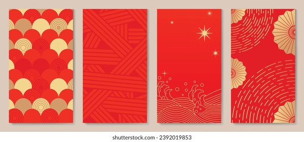 Happy Chinese New Year cover background vector. Year of the dragon design with chinese pattern, cherry blossom flower, sea wave. Elegant oriental illustration for cover, banner, website, calendar.