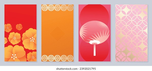 Happy Chinese New Year cover background vector. Year of the dragon design with chinese lantern, cherry blossom flower, coin,pattern. Elegant oriental illustration for cover, banner, website, calendar.