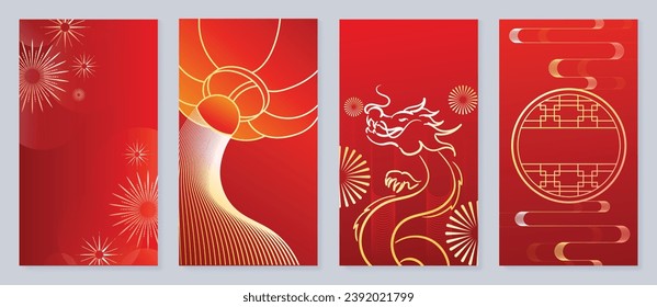 Feliz Año Nuevo Chino portador de fondo. Año del diseño del dragón con linterna china, dragón, fuegos artificiales, moneda, patrón. Elegante ilustración oriental para portada, banner, sitio web, calendario.