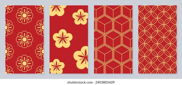 Happy Chinese New Year cover background vector. Year of the dragon design with chinese pattern, flower, coin, sparkle. Elegant oriental illustration for cover, banner, website, calendar.