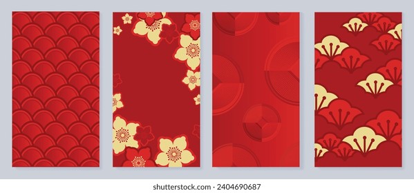 Happy Chinese New Year cover background vector. Year of the dragon design with chinese pattern, wave, flower, coin, fan. Elegant oriental illustration for cover, banner, website, calendar.