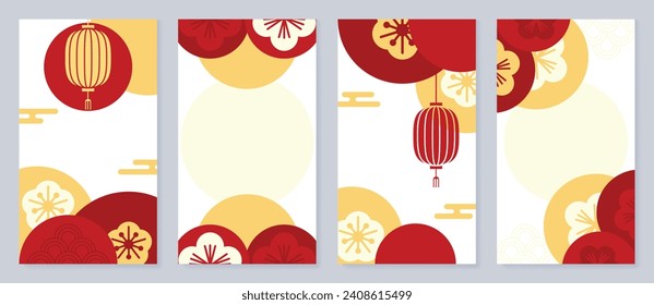 Feliz Año Nuevo Chino portador de fondo. Año del diseño del dragón con nube oriental, flores, linterna china, patrón. Elegante ilustración oriental para portada, banner, sitio web, calendario.