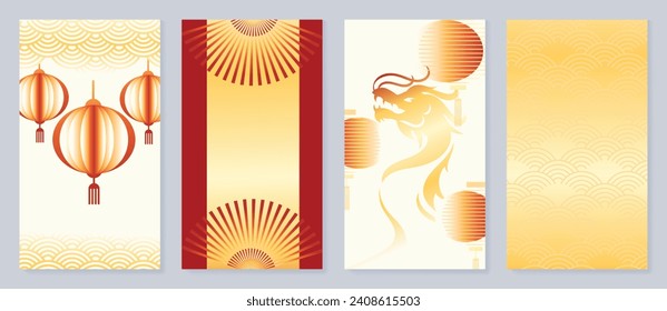 Happy Chinese New Year cover background vector. Year of the dragon design with lanterns, oriental sea wave pattern, dragon, Chinese fan. Elegant oriental illustration for cover, banner, website.