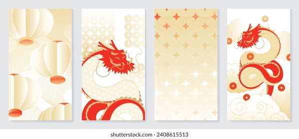 Feliz Año Nuevo Chino portador de fondo. Año del diseño del dragón con linternas, patrón oriental, dragón, moneda china, nube. Elegante ilustración oriental para portada, banner, sitio web.