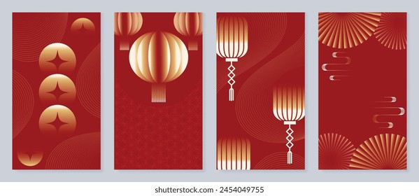 Happy Chinese New Year cover background vector. Luxury background design with golden chinese lantern, pattern, coin, firework. Elegant oriental illustration for cover, banner, website, calendar, card.