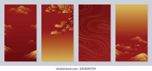 Vector de fondo de la cubierta del Año Nuevo chino feliz. Diseño de fondo de lujo con brillo dorado, árbol, nube, montaña, curva. Ilustración oriental elegante para la cubierta, el Anuncio, el Sitio web, el calendario, la tarjeta.